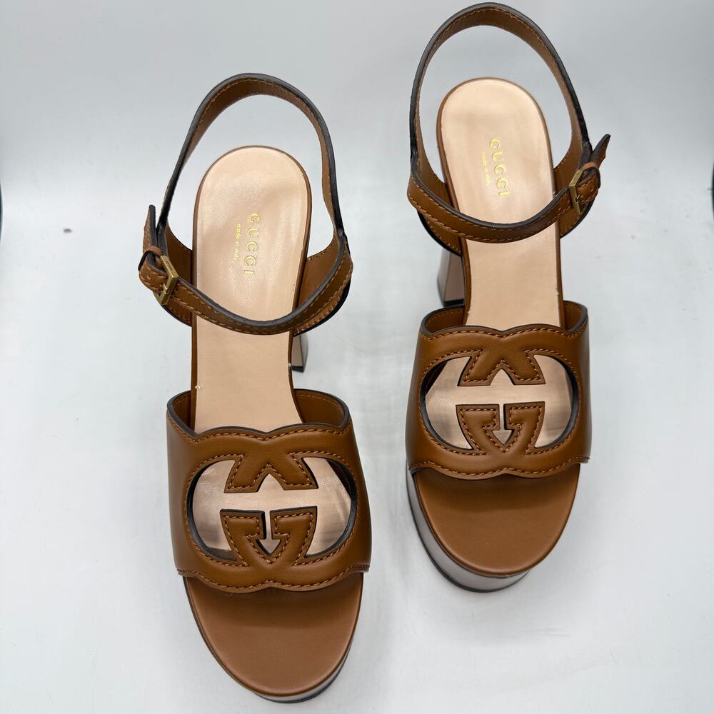 Gucci Brown Leather Heels with Platform and Ankle Strap - Picture 2 of 12